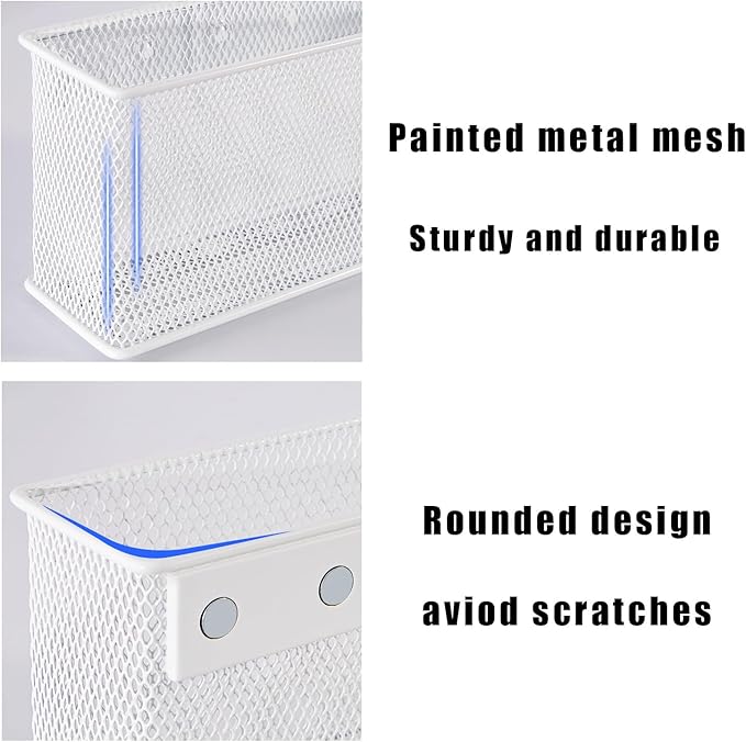 White Magnetic Basket, Magnetic Shelf Pencil Holder for Refrigerator, Wire Mesh Magnetic Bin, Magnetic Organizer Whiteboard Desktop Storage, 6.29"x2.28"x3.54"-Ruum Studio Home