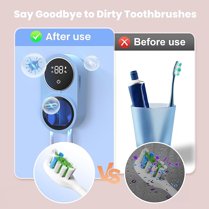 Toothbrush Holder and Cleaner for Bathroom Light Cleaning Fan Drying Round in Circle Automatic Rotating Cover Wall Mounted Smart Home Gadgets (02 Blue)-Ruum Studio Home