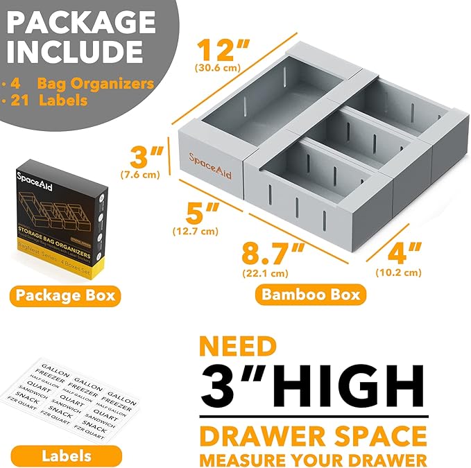 SpaceAid Bag Storage Organizer for Kitchen Drawer, Bamboo Organizer, Compatible with Gallon, Quart, Sandwich and Snack Variety Size Bag (4 Pack), Gray-Ruum Studio Home