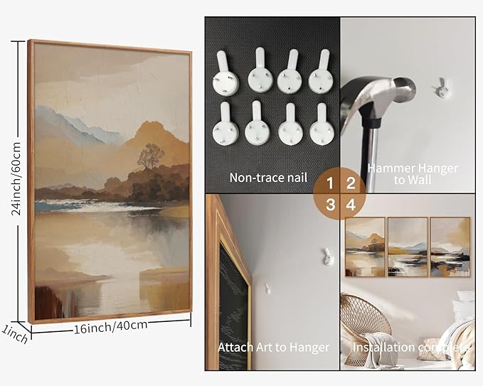 Tinonedraw Beige Mountain Landscape Framed Canvas Wall Art, Abstract Mid Century Modern Wall Decor, Golden Hour Lake Artwork, Neutral Nature Scenery Art Printing for Living Room Bedroom Office 16"x24"x3-Ruum Studio Home