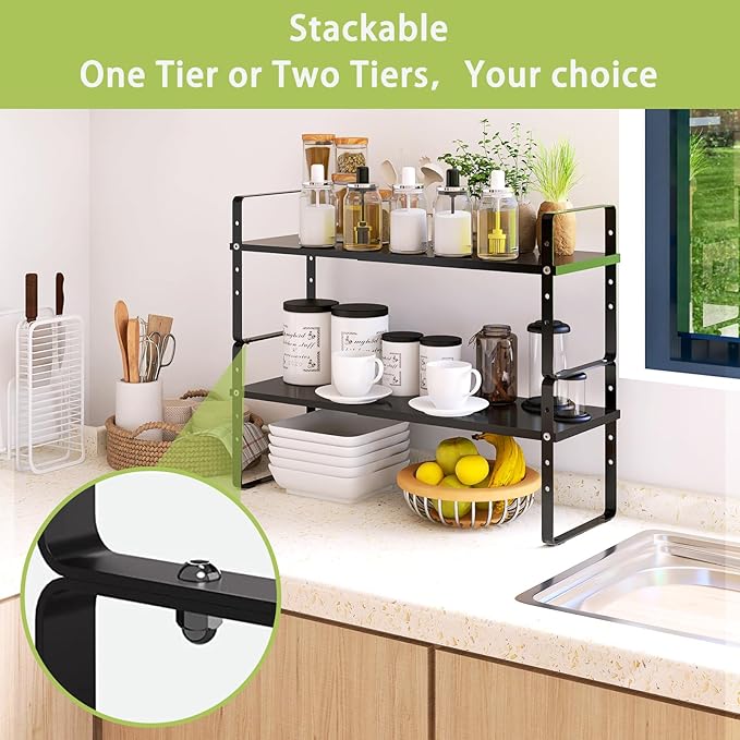 Expandable Cabinet Shelf Organizer Rack, Stackable Kitchen Counter Storage Shelves Stand, Adjustable Height Pantry Shelf Spice Rack (Black, 1 Pack)-Ruum Studio Home