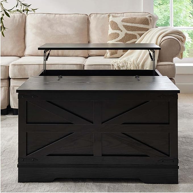 Black Coffee Table with Storage, Cocktail Table with Hinged Lift Top, Farmhouse Square Wood Center Table with Large Hidden Storage Compartment for Living Room, Square Coffee Table, Metal Edges Decor-Ruum Studio Home
