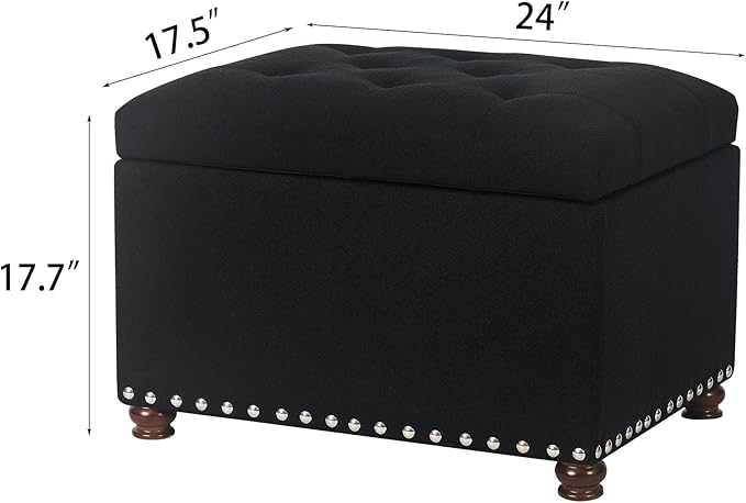 Joveco Storage Ottoman Bench, Rectangle 24″ Linen Foot Rest Stool Square Footstool for Living Room, Bedroom, Black-Ruum Studio Home