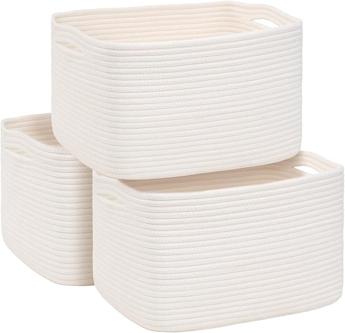 3-Pack Shelf Baskets for Organizing, Woven Storage Basket for Shelves, Cotton Rope Storage Bins for Toys Books, Nursery Towel Baskets for Classroom, 14.96"X9.8"X8.85", White-Ruum Studio Home