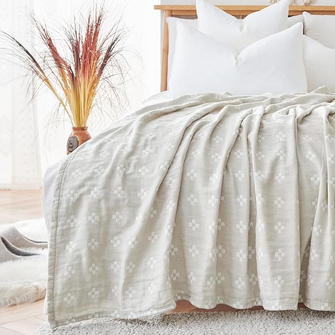 jinchan Boho 100% Cotton Blanket Muslin Twin Size 60x80 Inches Lightweight 3-Layer Geometric Cross Pattern Reversible Quilt Throw Soft Breathable Comfy All Seasons for Couch Bed Decor, Light Grey-Ruum Studio Home