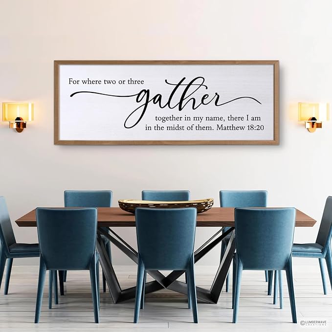For Where Two Or Three Gather Sign Dining Room kitchen Wall Decor Bible Verse Scripture Matthew 18:20 Wooden Frame 32X12 Inch for Christian Family Hanging Art (Wood)-Ruum Studio Home