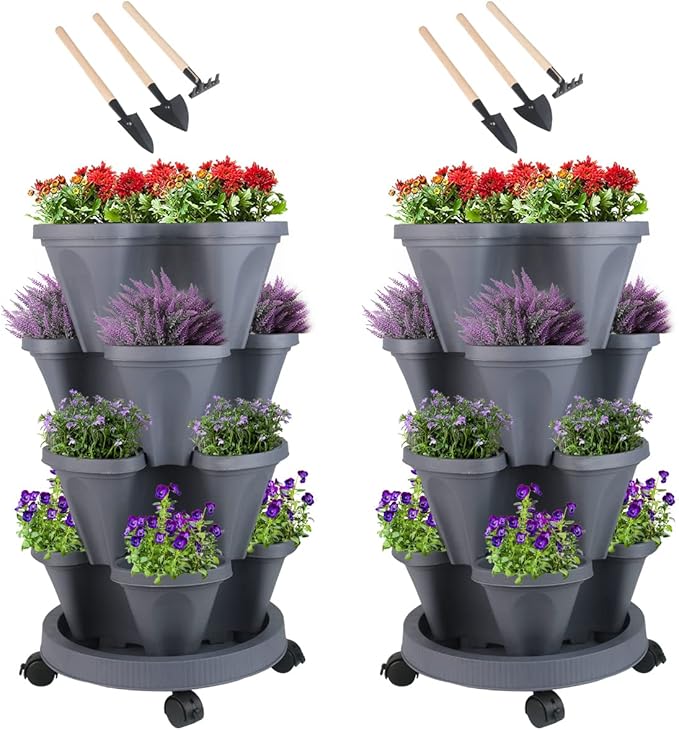 Vertical Planter 4 Tier Stackable Planters Garden Planters Strawberry Herb Flower and Vegetable Planter Indoor Outdoor Gardening Pots with Removable Wheels and Tools-Ruum Studio Home