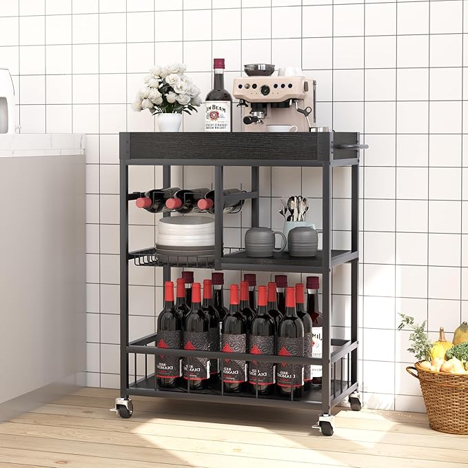 Bar Cart with Basket 3 Tiers Home Rolling Wine Rack with Wheels Mobile Kitchen Industrial Vintage Style Wood Metal Serving Trolley Serving Cart,Black Frame Home Kitchen Shelf for Party-Ruum Studio Home