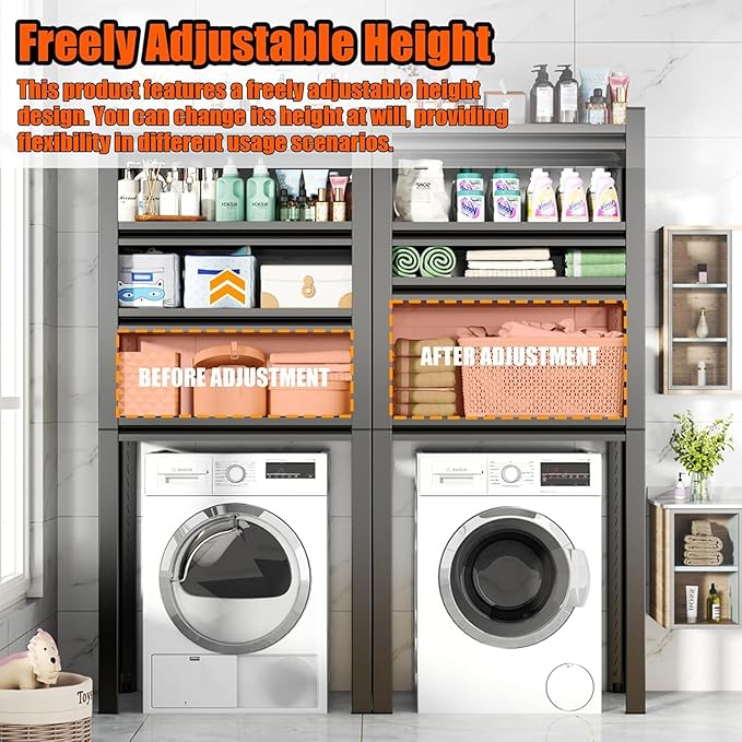 Over Washer and Dryer Storage Shelves,5 Tiers Laundry Room Standing Shelf,Adjustable Metal Shelving Unit,Space Saving Shelf, 63" H x 31.5" W x 15.7" D, Black-Ruum Studio Home