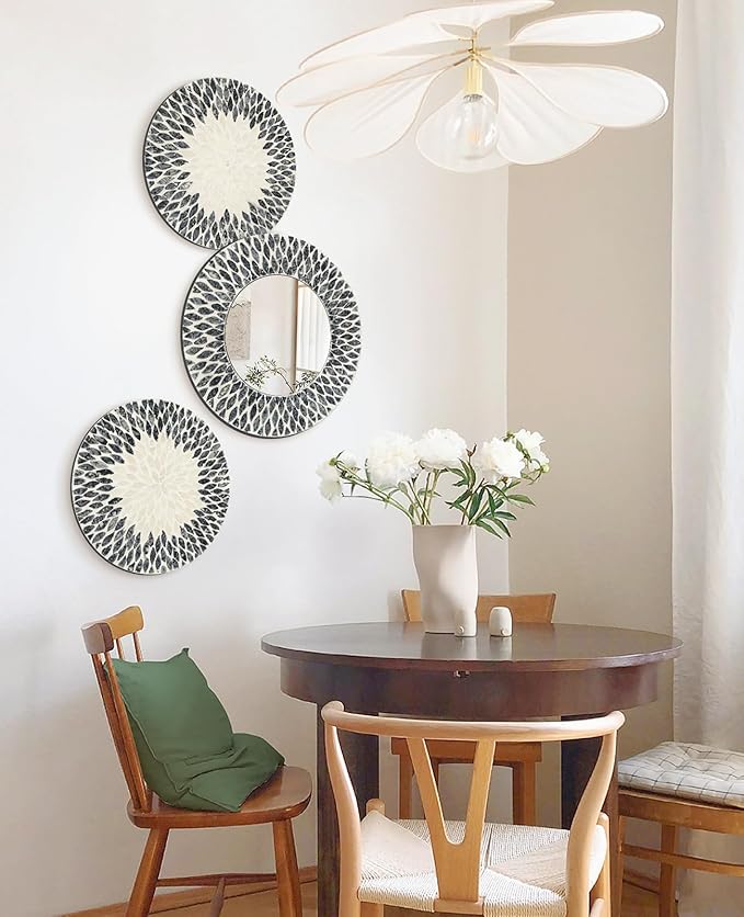 Natural Mother of Pearl Mirror Wall Decor for Bedroom Bathroom, 3PCS Geometric Wall Art Modern Home Office, Handmade Mosaic Art Circle Sculptures for Kitchen Living Dining Room (Black White)-Ruum Studio Home