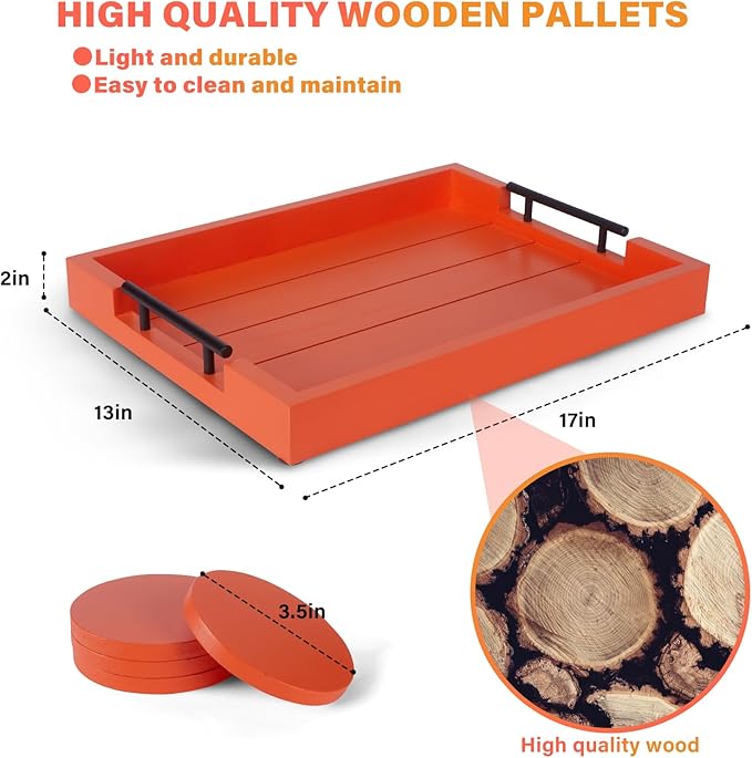Ottoman With Handle for Living Room - Set of 4 Natural Wooden Coasters - Rustic Serving Tray for Coffee Table - Kitchen Decorative Tray With Handles (Orange)-Ruum Studio Home