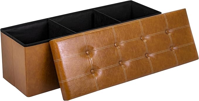 43 Inches Folding Storage Ottoman Bench, PU Leather Storage Chest, Footrest Padded Seat for Bedroom and Hallway, Holds up to 660 lbs, Light Brown-Ruum Studio Home