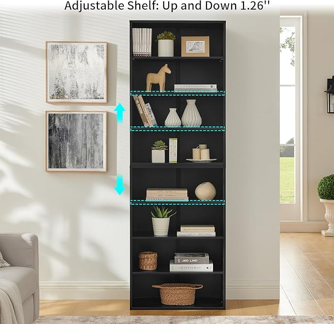 71 Inch Tall 8-Shelf Bookcase, Wood Bookshelf Storage Organizer Adjustable Shelf for Home Office Living Room, Converts into Two 4-Shelf Bookshelves, Black-Ruum Studio Home