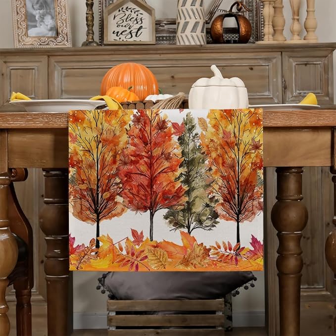 GEEORY Fall Watercolor Trees & Maple Leaves Table Runner 13x72 Inch, Rustic Farmhouse Autumn Thanksgiving Decor for Kitchen, Dining, Indoor/Outdoor Holiday Dinner Party Orange Red GT160-72-Ruum Studio Home