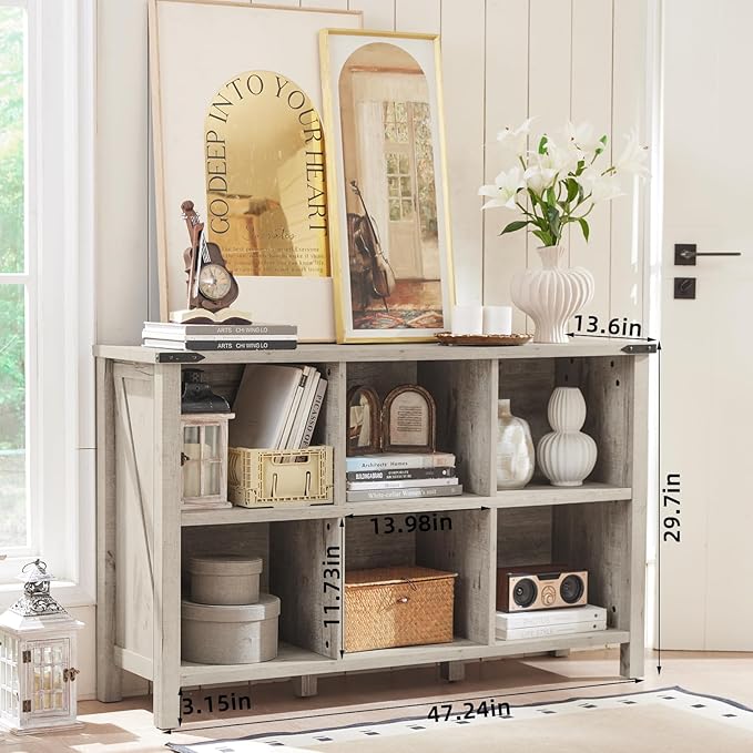 Farmhouse 6 Cube Bookshelf, Rustic Grey Oak Wooden Storage Organizer Book Shelf, 47 Inch Cubby Hallway Bookcase, Kids Toy Storage Cabinet, Modern Open Book Case for Living Room, Hallway-Ruum Studio Home
