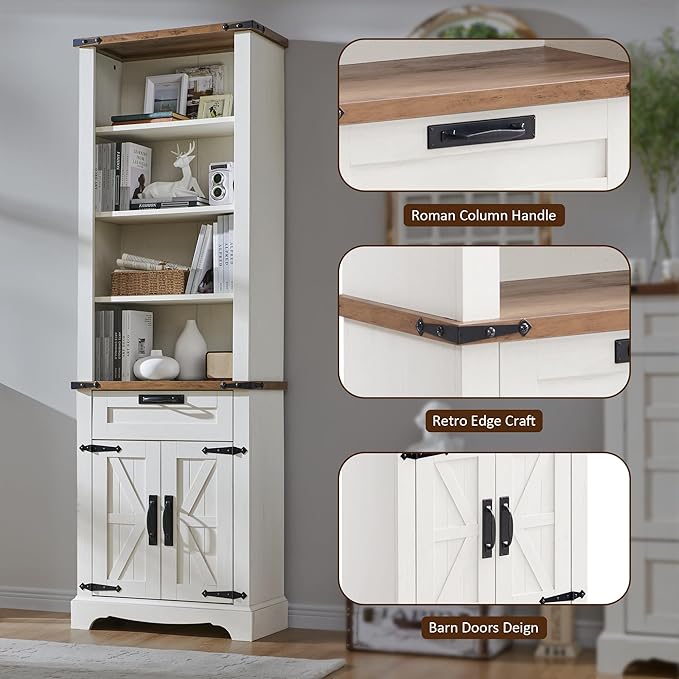 OKD 72'' Tall Bookshelf with Storage, Farmhouse 4 Tier Bookcase with Barn Door, Adjustable Shelves and Drawers, Rustic Wooden Office Bookshelves for Home Bedroom, Living Room, Library Antuique White-Ruum Studio Home