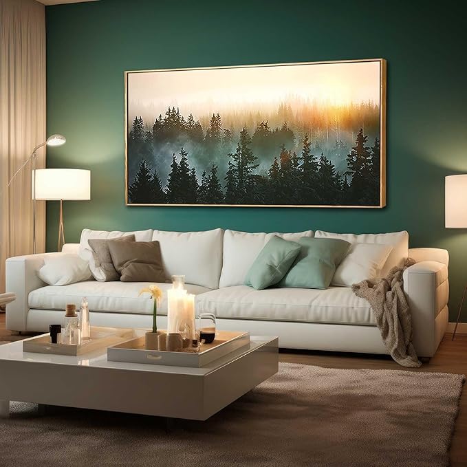 Living Room Wall Art Sunrise Misty Forest 24"x48" Modern Home Wall Decor Plants Wall Decorations Framed Artwork for Bedroom Dining Room Office Hotel-Ruum Studio Home