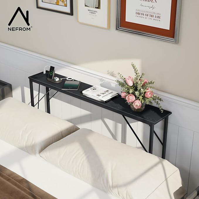 47.2'' Console Table, Skinny Entryway Table with Fast-Charging Station, Narrow Long Sofa Table, Behind Slim Couch Table for Entrance, Hallway, Living Room Decor ST-BK120-1-Ruum Studio Home