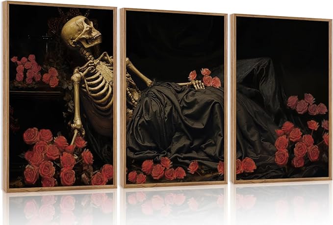 Aurlan Gothic Skeleton Roses Framed Wall Art(16"x24"), 3PCS Romantic Halloween Skull Flowers Canvas Artwork, Dark Moody Goth Mystical Creepy Decor for Home Office Bedroom-Ruum Studio Home