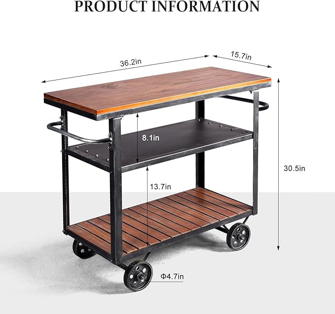 Diwhy Industrial 3 Tier Rolling Utility Storage Cart Wine Beverage, Metal Wine Rack with Wheels Kitchen Bar Dining Room Tea Wine, Storage Cart with Wood-Ruum Studio Home