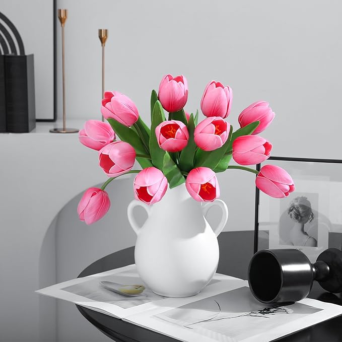 Pink Artificial Tulips, 2 Bundles 14Pcs, Fake Tulips Artificial Flowers, 2 x 2.4 Inch Large Flower Head Big Tulip, Easter Valentine's Day Mother's Day Home Decoration Flowers-Ruum Studio Home