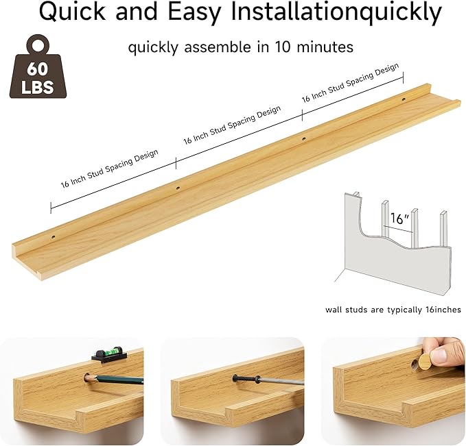 Floating Picture Ledge Shelves for Wall Set of 2, 72 Inches Picture Ledge Shelf with Long Large Nursery Book Shelf for Toys Storage Kids Bookshelf Wall Mounted Living Room Bedroom Decor Frames, Oak-Ruum Studio Home