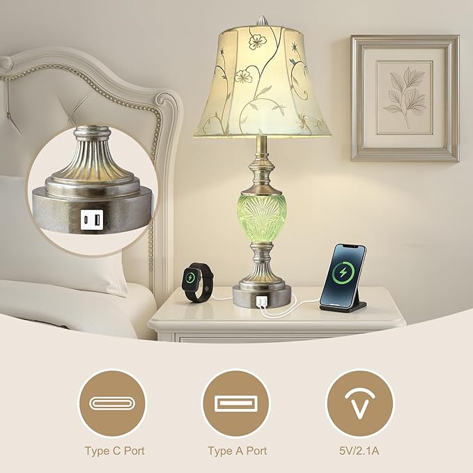 Bedside Table Lamp Set of 2 with Nightlight and USB A+C Ports, 27'' High Vintage Table Lamps with Silver Leaf Finish and Embroidered Shade, Nightstand Lamps Decor for Bedroom Living Room Home Office-Ruum Studio Home