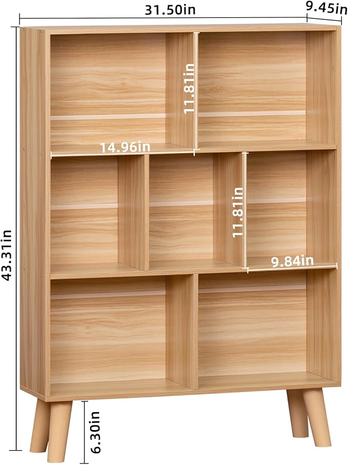 LEYAOYAO Wooden 7 Cube Book Shelf, Natural 3 Tier Bookshelf with Legs, Modern Open Storage Organizer,Boho Bookcase,Display Cabinet Shelf Free Standing Bookshelves for Bedroom,Living Room,Office-Ruum Studio Home