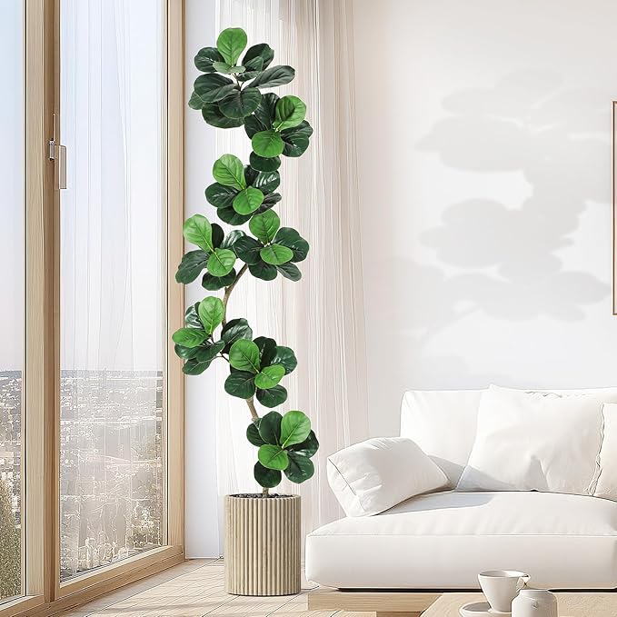 GarveeHome Fiddle Leaf Fig Artificial Tree with White Planter,7ft Faux Plants Indoor with Moss, Fake Rubber Tall Fake Floor Plant in Pot - Artificial Trees for Home Office Living Room Decor-Ruum Studio Home