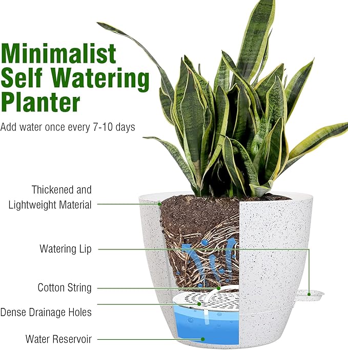 12/10/9 inch Large Self Watering Pots, Plant Pots with Mesh Drainage Holes for Indoor Outdoor Garden Plants, Flower Pots with Deep Reservoir, Set of 3 Plastic Planters, Specked White-Ruum Studio Home