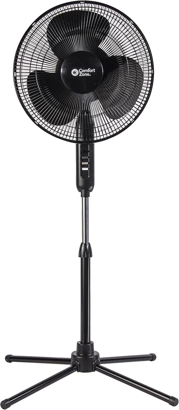 Comfort Zone Electric Oscillating Pedestal Fan, Stand Fan, 16 inch, 3 Speed, 90 Degree Oscillating Head, Adjustable Height and Tilt, Airflow 7.48 ft/sec, Ideal for Home, Bedroom & Office, CZST161BTEBK-Ruum Studio Home