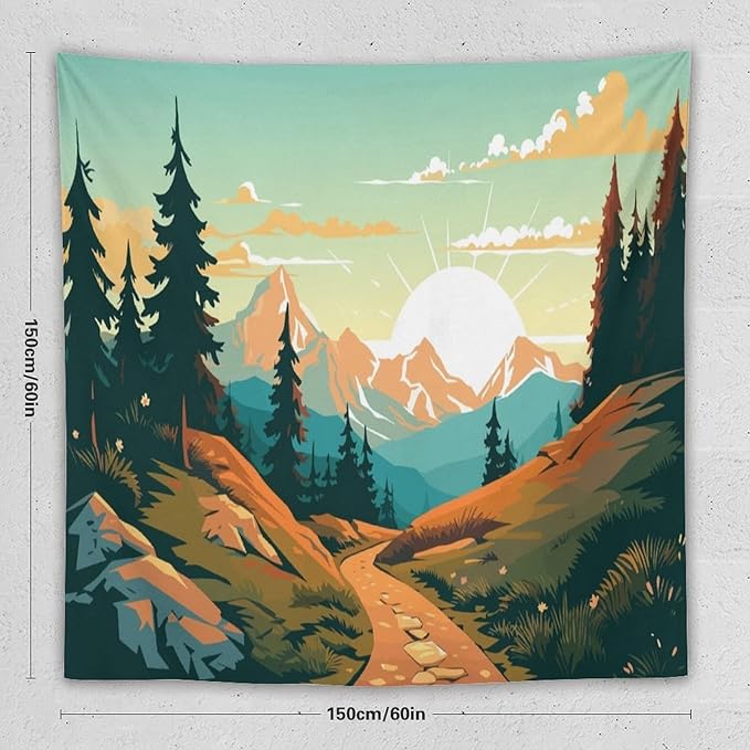 HZOHNAGO Mountain Tapestry Forest Mountain Sunrise Road Pattern Printed Wall Tapestry Wall Hanging for Bedroom Living Room Dorm 60" W x 60" H-Ruum Studio Home