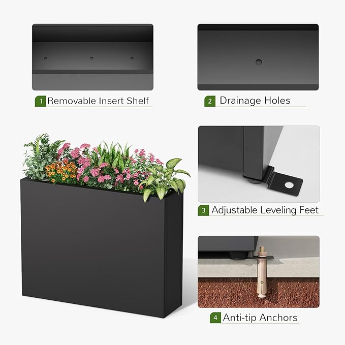 Stoog 38" Metal Tall Rectangular Planter - All-Weather Planter Box for Indoor/Outdoor Use, with Removable Insert Shelf, and Modern Design for Plants, Flowers, Garden, Black-Ruum Studio Home