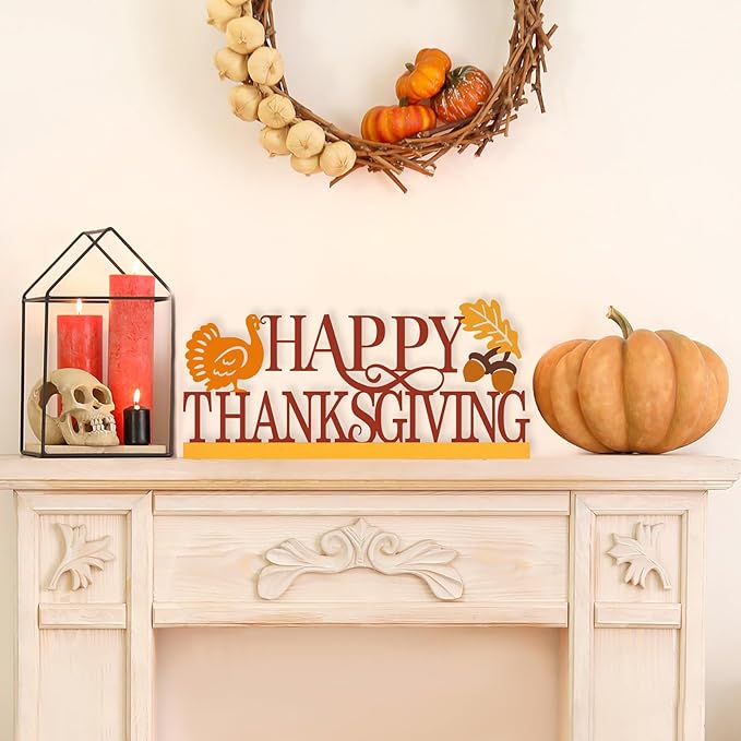 COCHIE Metal Happy Thanksgiving Sign, Fall Leaves Turkey Table Centerpieces Decorations for Home, Office, Shelf, Mantel, Indoor, Traditional Party Supplies Decor (Thanksgiving)-Ruum Studio Home
