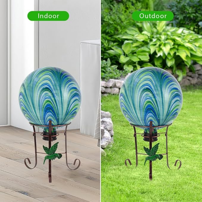 10" Diameter Gazing Ball with 8.5" Metal Stand Indoor Outdoor Glass Globe Sphere Festive Decor Yard Ornament Gazing Balls for Garden,Home,Lawn,Patio,Porch,Birthday Gift for Women(Green)-Ruum Studio Home