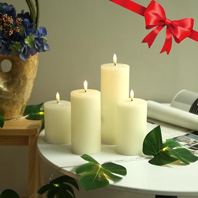 LUSHABOR Flameless Candles, 4 Pack Battery Operated Candles with Remote, Real Wax LED Fake Candles with Timer Flickering for Christmas Wedding Home Party D3 H 5" 6" 7" 9" Ivory-Ruum Studio Home