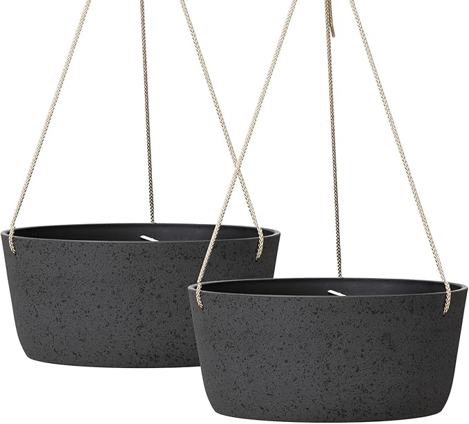 La Jolie Maison Large Hanging Planters - 12 Inch Outdoor Flower Pots, Hanging Garden Planters Set of 2, Black Charcoal-Ruum Studio Home