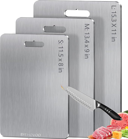 Titanium Cutting Boards for Kitchen [Set of 3], Double Sided Pure Titanium Cutting Board | Easy to Clean | Dishwasher Safe | Food-Grade Raw & Cooked Foods or Outdoor Camping Chopping Board-Ruum Studio Home