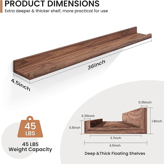 Fun Memories Picture Ledge Shelves Set of 2, 36 Inch Rustic Wall Mounted Floating Shelves with Lip for Home Storage and Décor in Bathroom, Kitchen, Nursery, Bedroom, Living Room, Walnut-Ruum Studio Home