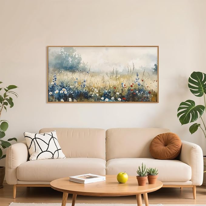 Nature Wildflower Framed Canvas Wall Art Set, Pastoral Landscape Wall Decor, Colorful Meadow Wall Painting, Rustic Floral Art Print for Living Room, Bedroom, Office - 20"X40"-Ruum Studio Home