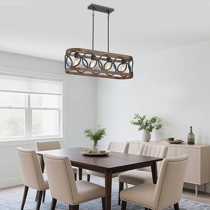 XINGQI Rectangular Linear Kitchen Island Chandeliers Over Table 32.7" Black Pendant Lighting Fixtures Farmhouse 4-Light for Dining Room Bar Office Coffee Shop, Black Wood Grain-Ruum Studio Home