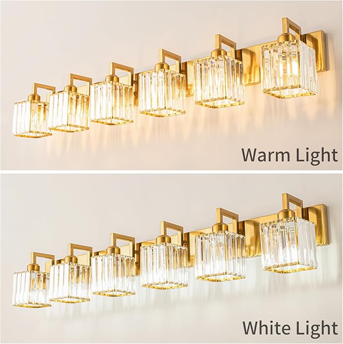 Modern Crystal Bathroom Vanity Light - 6-Lights Gold Brushed Brass Finish Wall Lamp-Ruum Studio Home