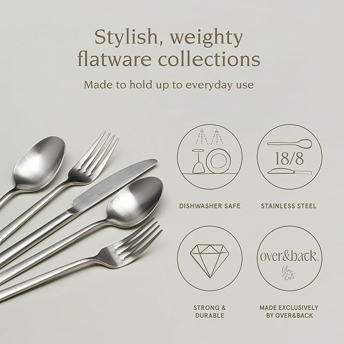 over&back 20pc Modern Flatware Cutlery Set - Comes with 4 Dinner Forks, 4 Salad Forks, 4 Dinner Knives, 4 Dinner Spoons, and 4 Teaspoons - 18/8 Stainless Steel - Dishwasher-Safe - Brushed Stainless-Ruum Studio Home