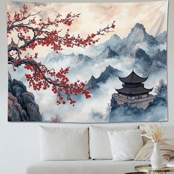 keowhsf Japanese Tapestry Aesthetic Wall Decor – Watercolor Ink Landscape with Red Plum Blossoms and Misty Mountains, Asian Art Hanging for Bedroom, Living Room, Dorm-Ruum Studio Home