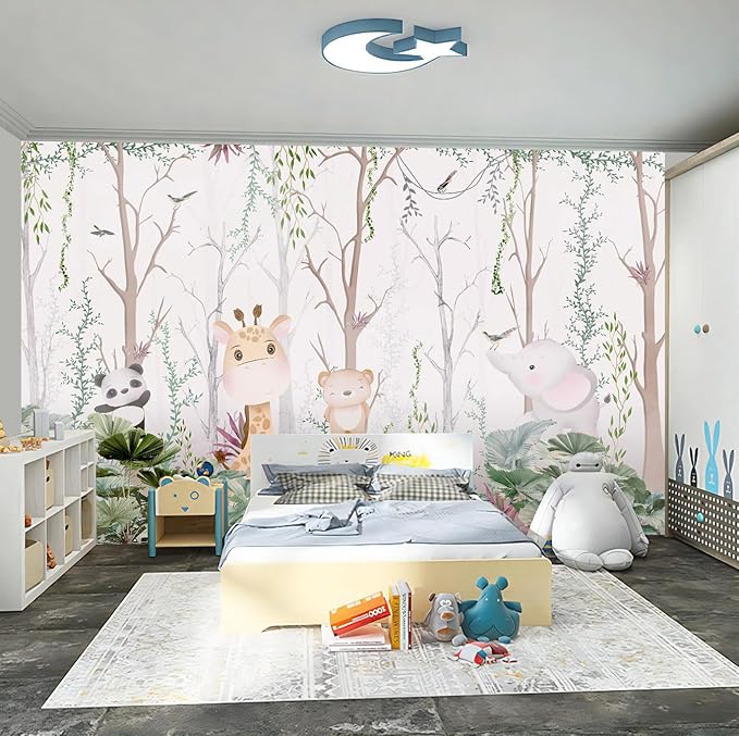 WFBHUA-Kids Tree Wallpaper Cute Animals Plants Bird Wall Decor Mural for Nursery Boys Girls Bedroom Room (Not Peel and Stick)-Ruum Studio Home