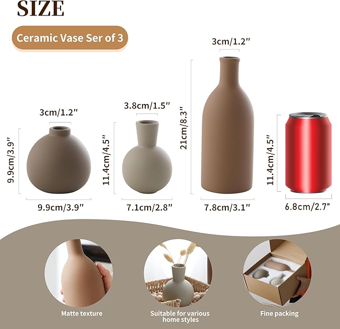 Ceramic Vase Set of 3, Vases Home Decor Rustic Farmhouse Decorative Vase Pottery Vases for Bouquet Pampas Grass Dried Fresh Flowers, Table Living Room Kitchen Bedroom Bathroom - Brown-Ruum Studio Home