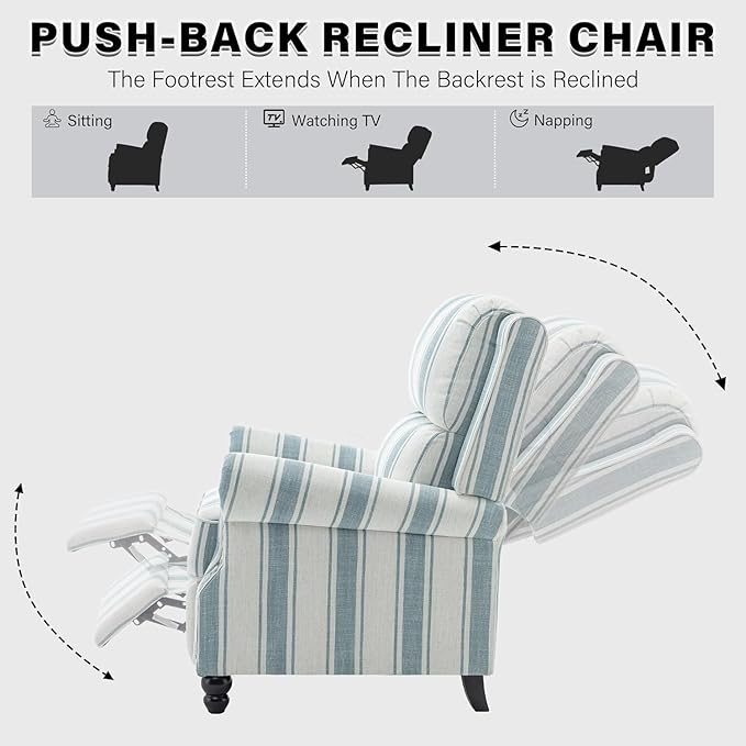 UIXE Pushback Recliner Chair, Fabric Armchair Push Back Accent Chair for Living Room, Rivet Trim Club Arm Chair Overstuffed Home Theater Single Sofa Bedroom Reading Seat with Footrest - Stripe Blue-Ruum Studio Home
