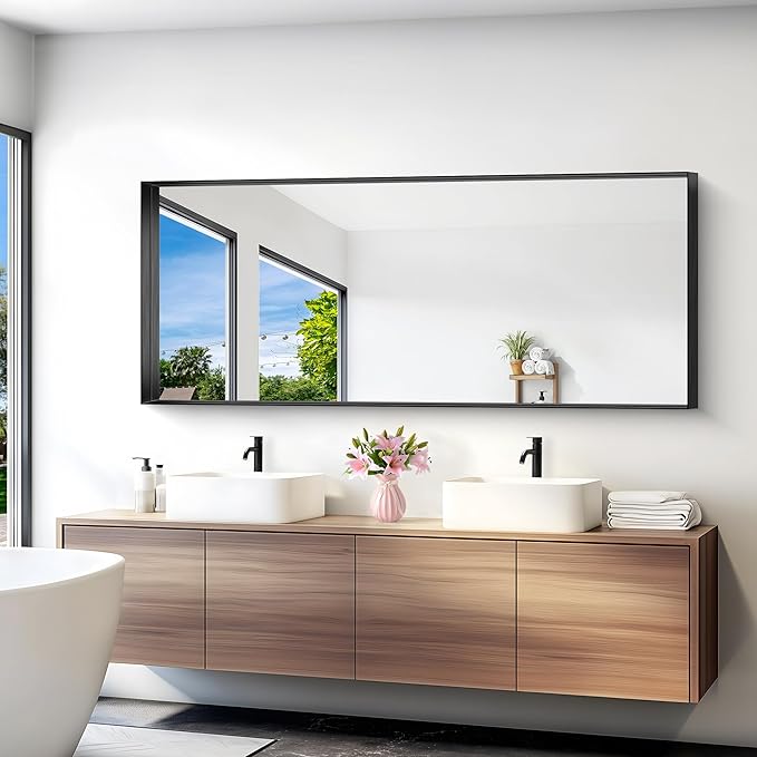 Black Bathroom Mirror, 72x30 Inch Rectangular Deep Frame Mirror, Large Wall Mounted Bathroom Vanity Mirror Over Sink for Bedroom,Restroom, Living Room, Hangs Vertically or Horizontally-Ruum Studio Home