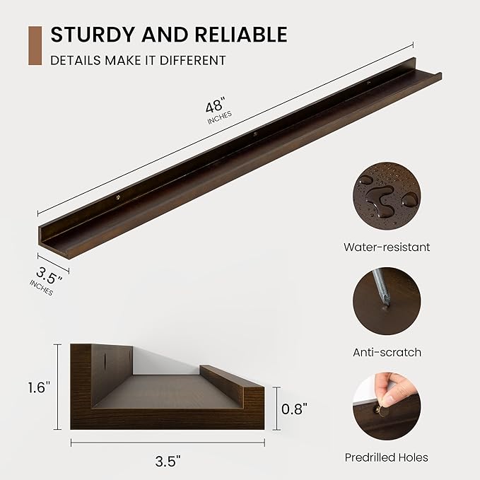 Picture Ledge Shelf, Solid Pine Wood Floating Shelves Set of 2, 48 Inches Nursery Book Shelves for Toys Storage, Kids Bookshelf Wall Mounted for Living Room Bedroom Decor Books Photo Frames, Walnut-Ruum Studio Home
