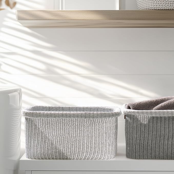 La Jolie Maison Blended Fabric Storage Baskets Set of 2, Rectangle Knitted Baskets for Organizing, Boho Decorative Baskets, Durable Finish, Grey-Ruum Studio Home